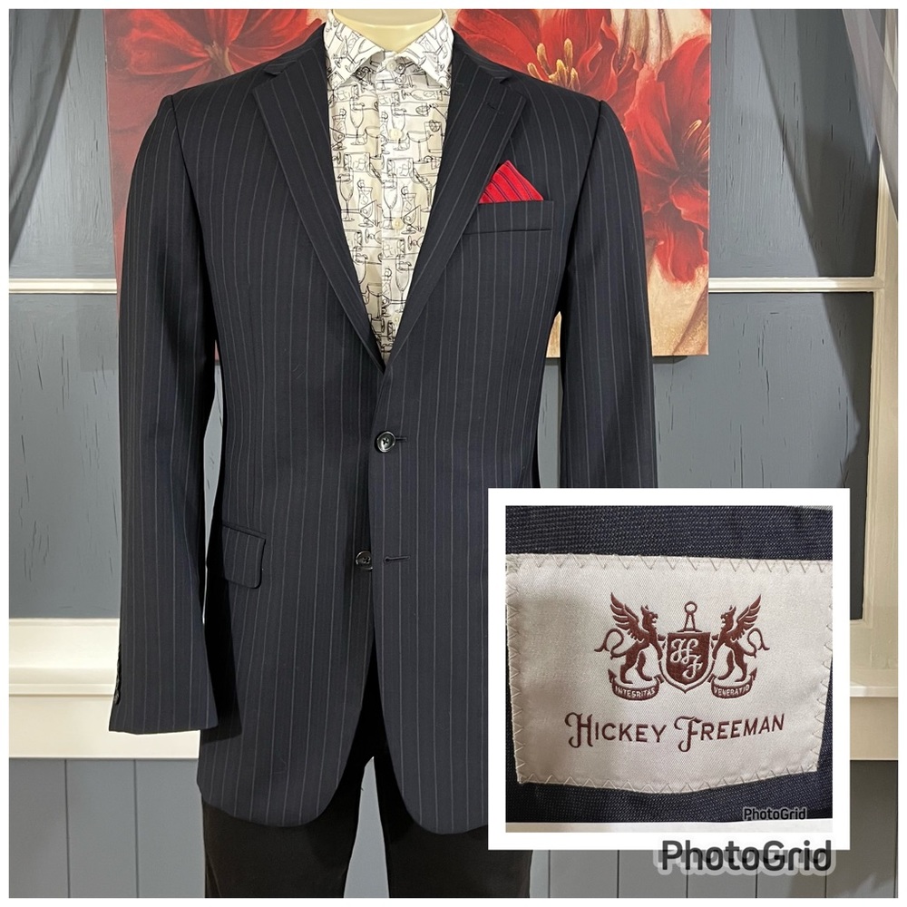 Hickey Freeman 2Pc Suit 40Long Pleated Pants 32x28 Wool Navy Striped Milburn